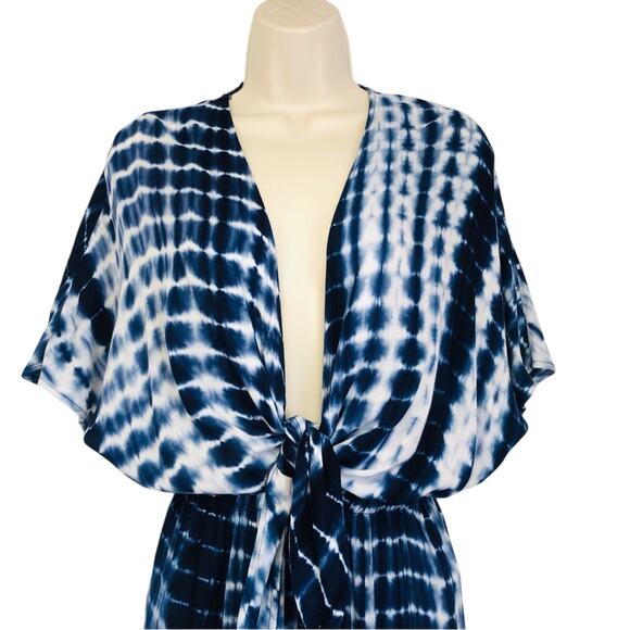 Shein Navy White Tie Dye Palazzo Jumpsuit Plunge Neckline Twisted Knot Front - Picture 3 of 16